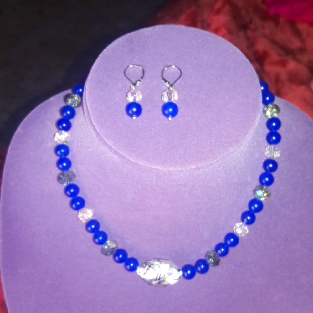 Necklace/earring set handmade blue and glass beads